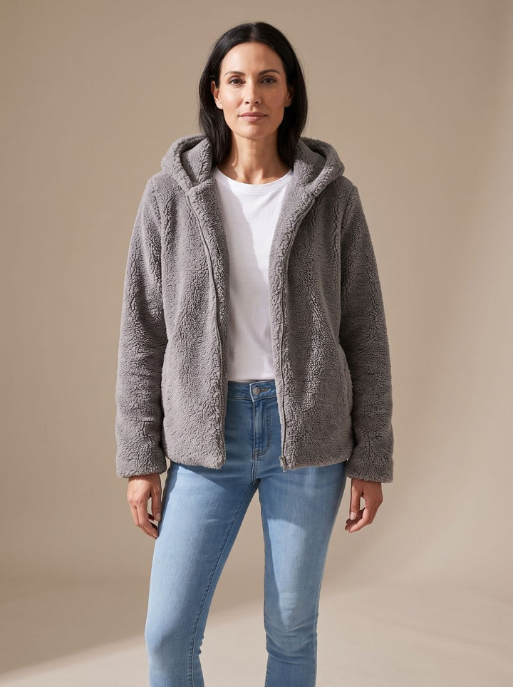 Women's Hooded Zip-Up Faux Fur Coat Teddy Fleece Jacket - Gray
