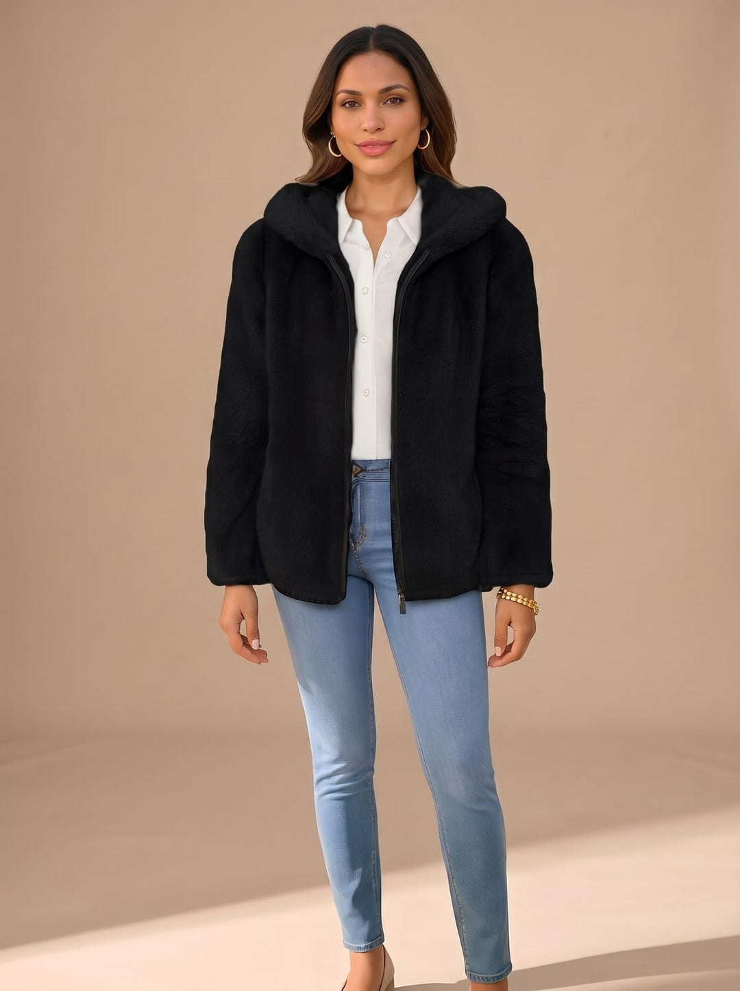 Women's Hooded Zip-Up Faux Fur Coat Teddy Fleece Jacket - Black