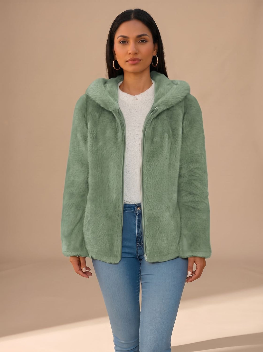 Women's Hooded Zip-Up Faux Fur Coat Teddy Fleece Jacket - Green