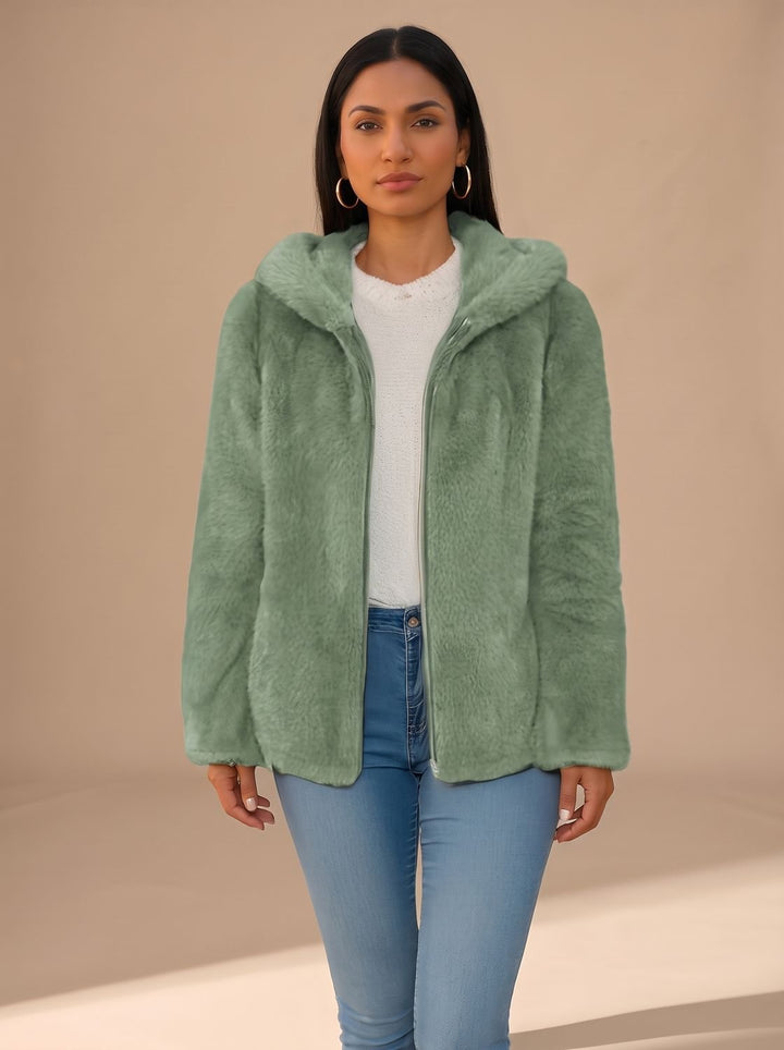 Women's Hooded Zip-Up Faux Fur Coat Teddy Fleece Jacket - Green