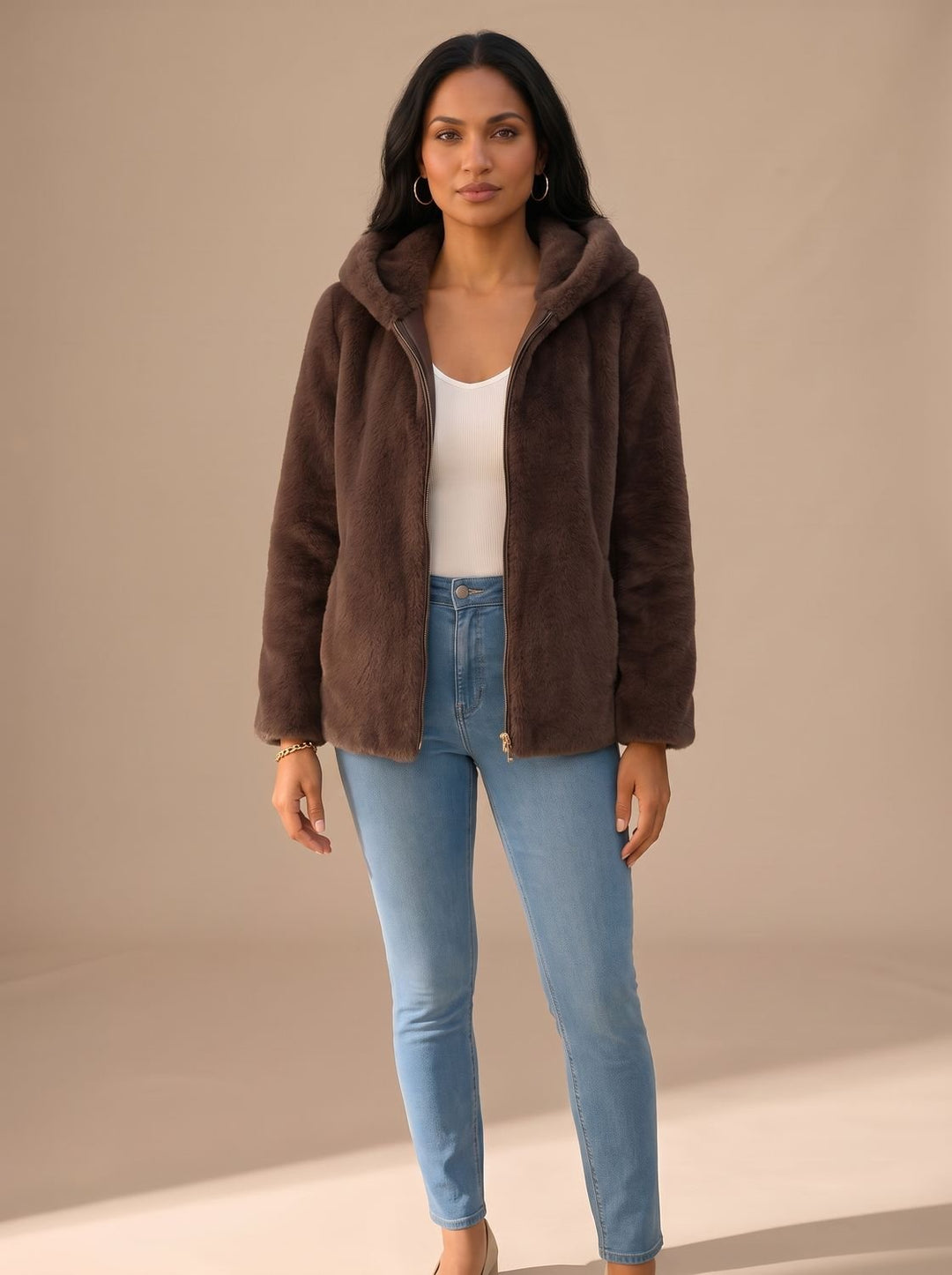 Women's Hooded Zip-Up Faux Fur Coat Teddy Fleece Jacket - Brown