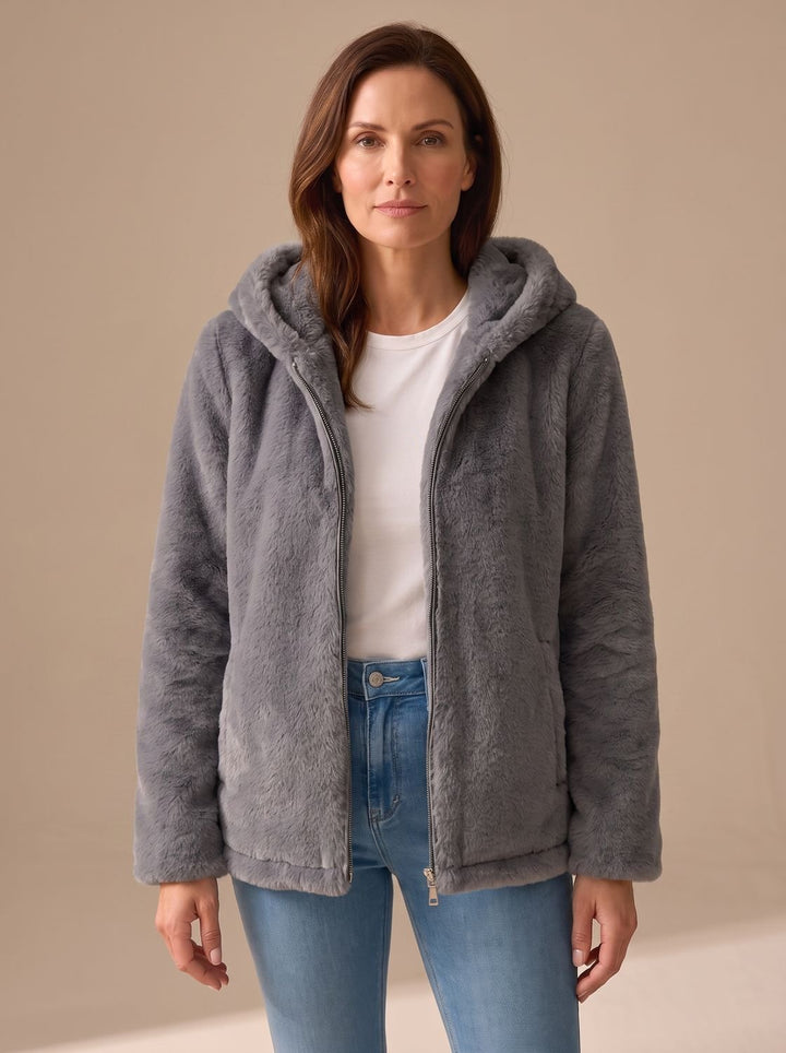 Women's Hooded Zip-Up Faux Fur Teddy Fleece Coat - Gray