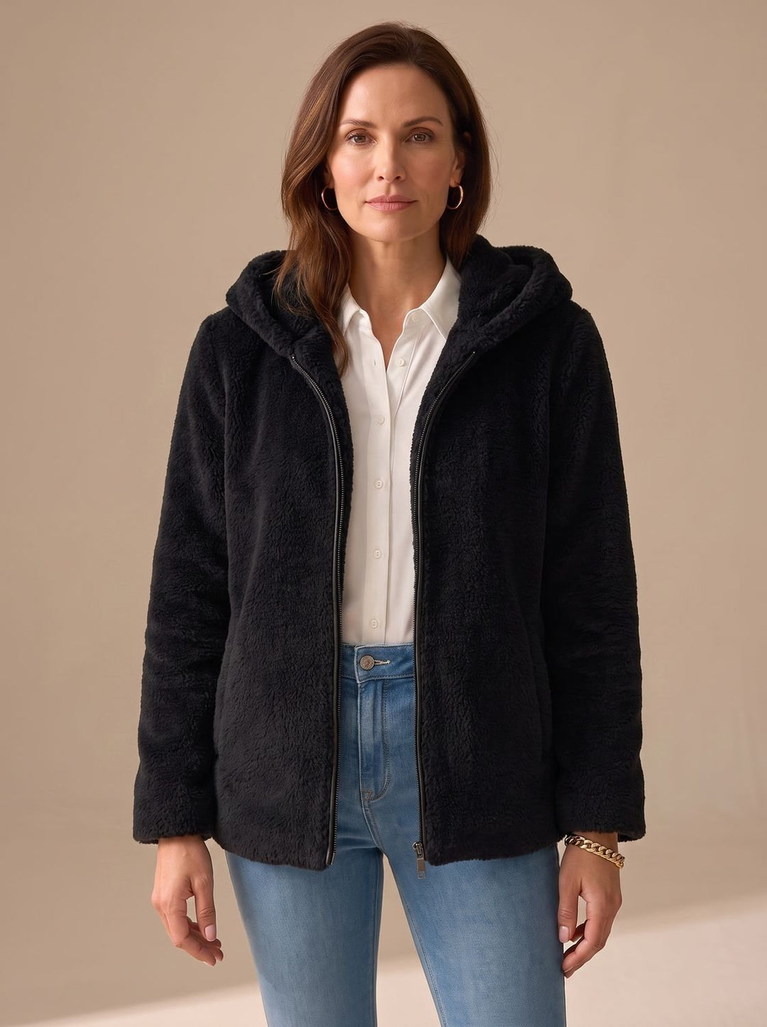 Women's Hooded Zip-Up Faux Fur Teddy Fleece Coat - Black