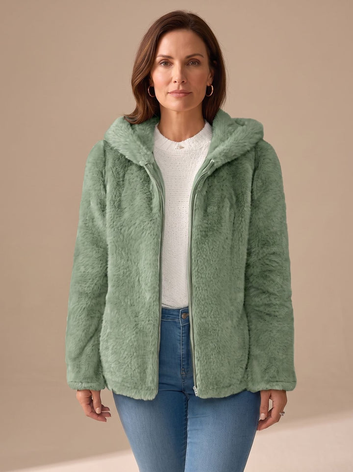 Women's Hooded Zip-Up Faux Fur Teddy Fleece Coat - Green
