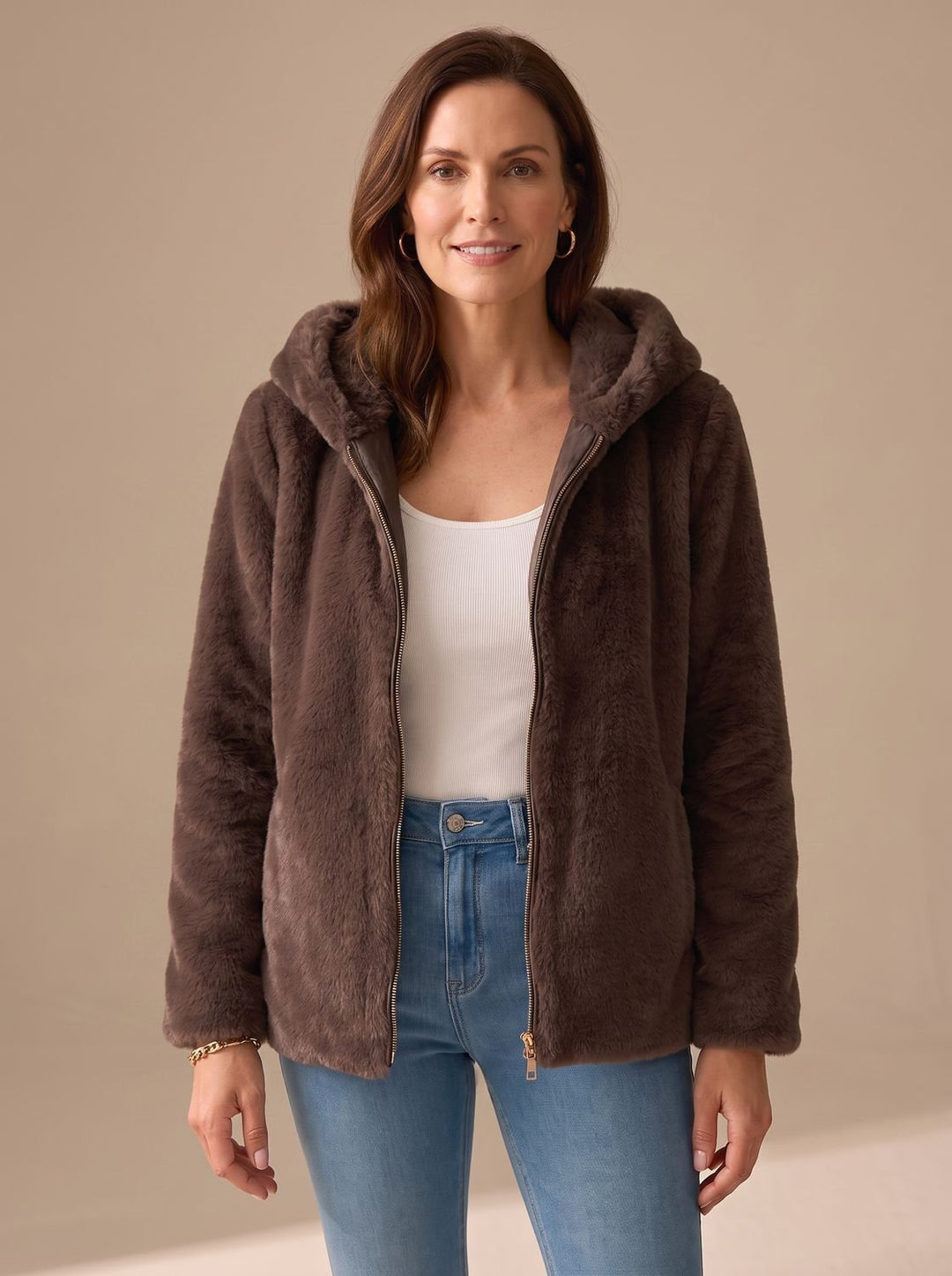 Women's Hooded Zip-Up Faux Fur Teddy Fleece Coat - Brown