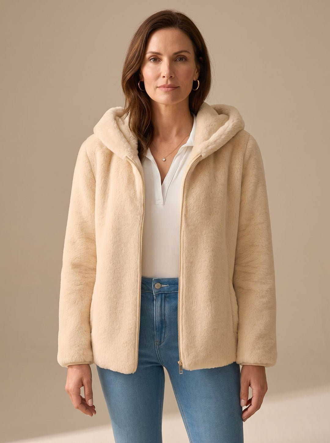 Women's Hooded Zip-Up Faux Fur Teddy Fleece Coat - Light Brown