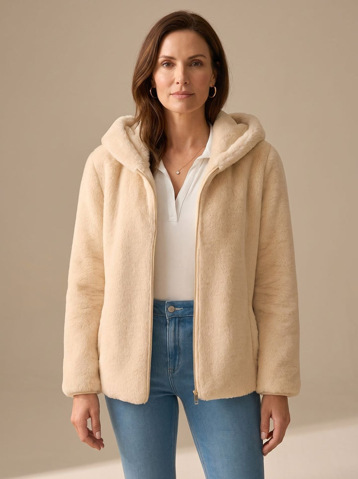 Women's Hooded Zip-Up Faux Fur Teddy Fleece Coat - Light Brown