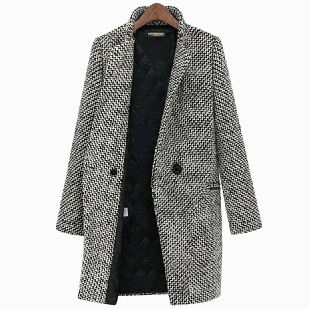 Women's Houndstooth Tailored Longline Long Coat - Black and White