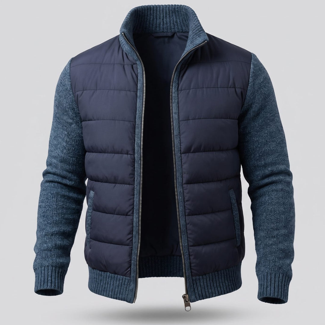 Women's Hybrid Knit-Sleeve Full-Zip Quilted Jacket - Navy Blue