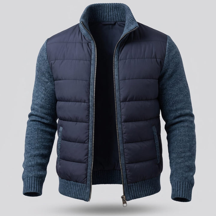 Women's Hybrid Knit-Sleeve Full-Zip Quilted Jacket - Navy Blue