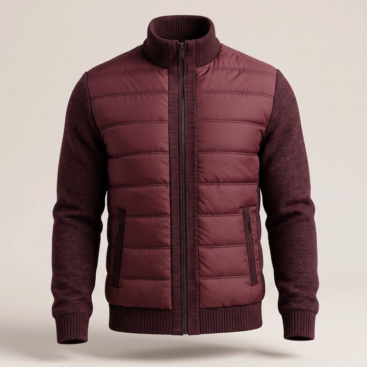Women's Hybrid Knit-Sleeve Full-Zip Quilted Jacket - Burgundy