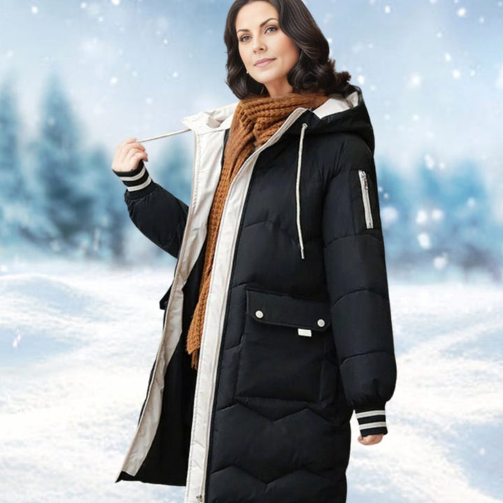 Women's Insulated Hooded Mid-Length Puffer Winter Coat - Black