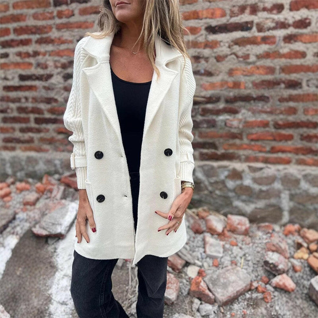 Women's Jacket Double-Breasted Cable-Knit Sleeve Coat - White