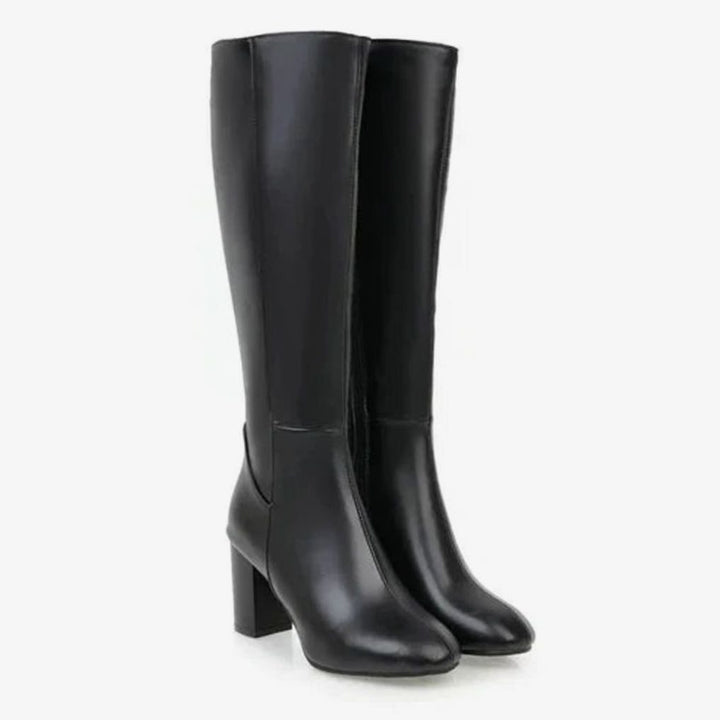 Women's Knee-High Block-Heel Side-Zip Heeled Boots - Black