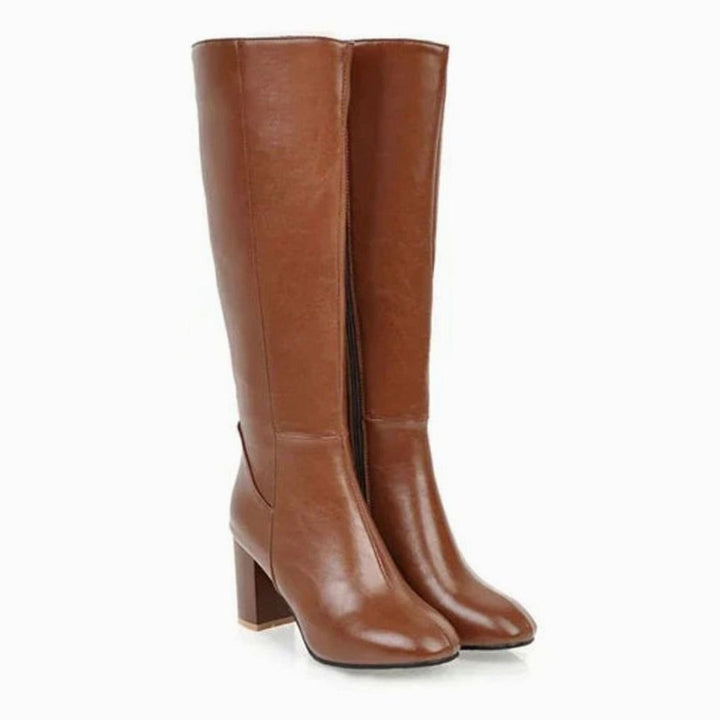 Women's Knee-High Block-Heel Side-Zip Heeled Boots - Brown