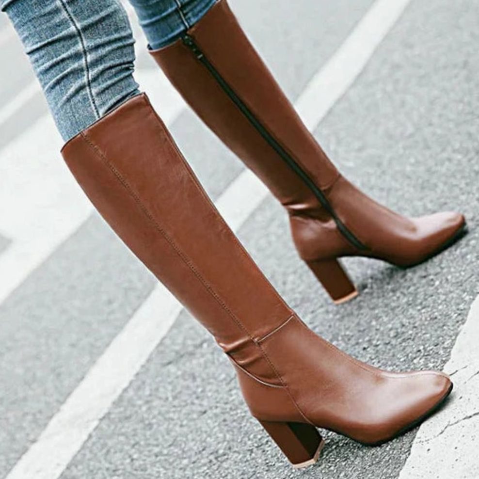 Women's Knee-High Block-Heel Side-Zip Heeled Boots