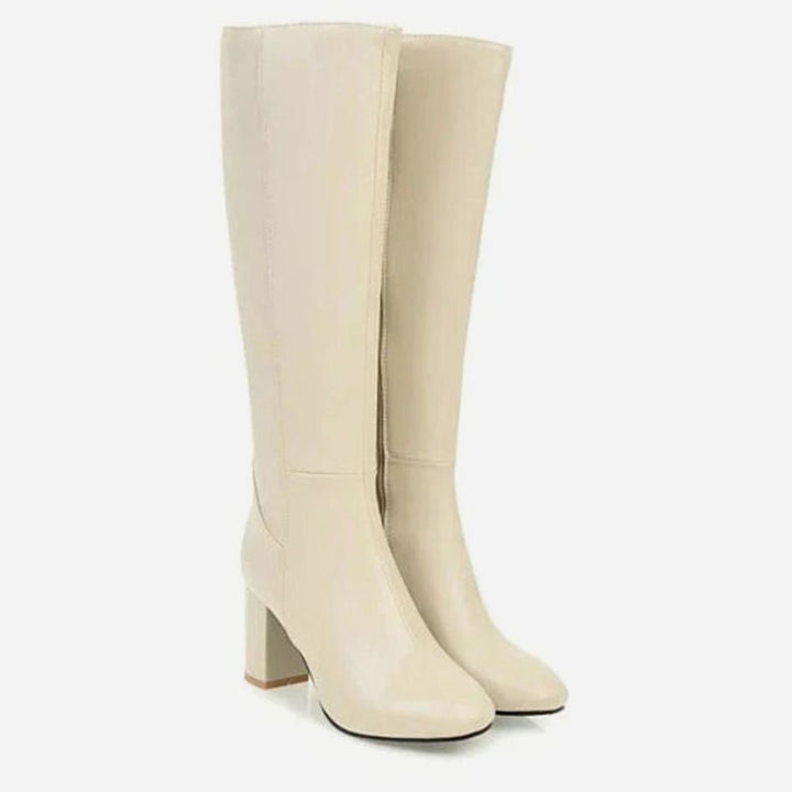 Women's Knee-High Block-Heel Side-Zip Heeled Boots - White