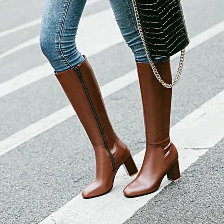 Women's Knee-High Block-Heel Side-Zip Heeled Boots