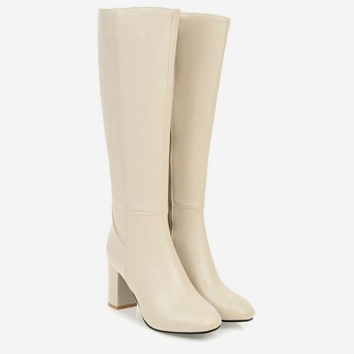 Women's Knee-High Block Heel Side-Zip Knee Boots - Beige
