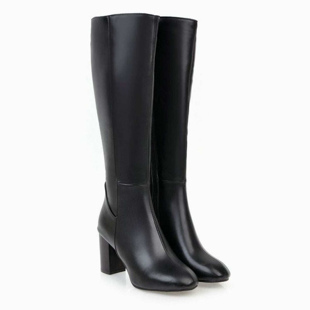 Women's Knee-High Block Heel Side-Zip Knee Boots - Black