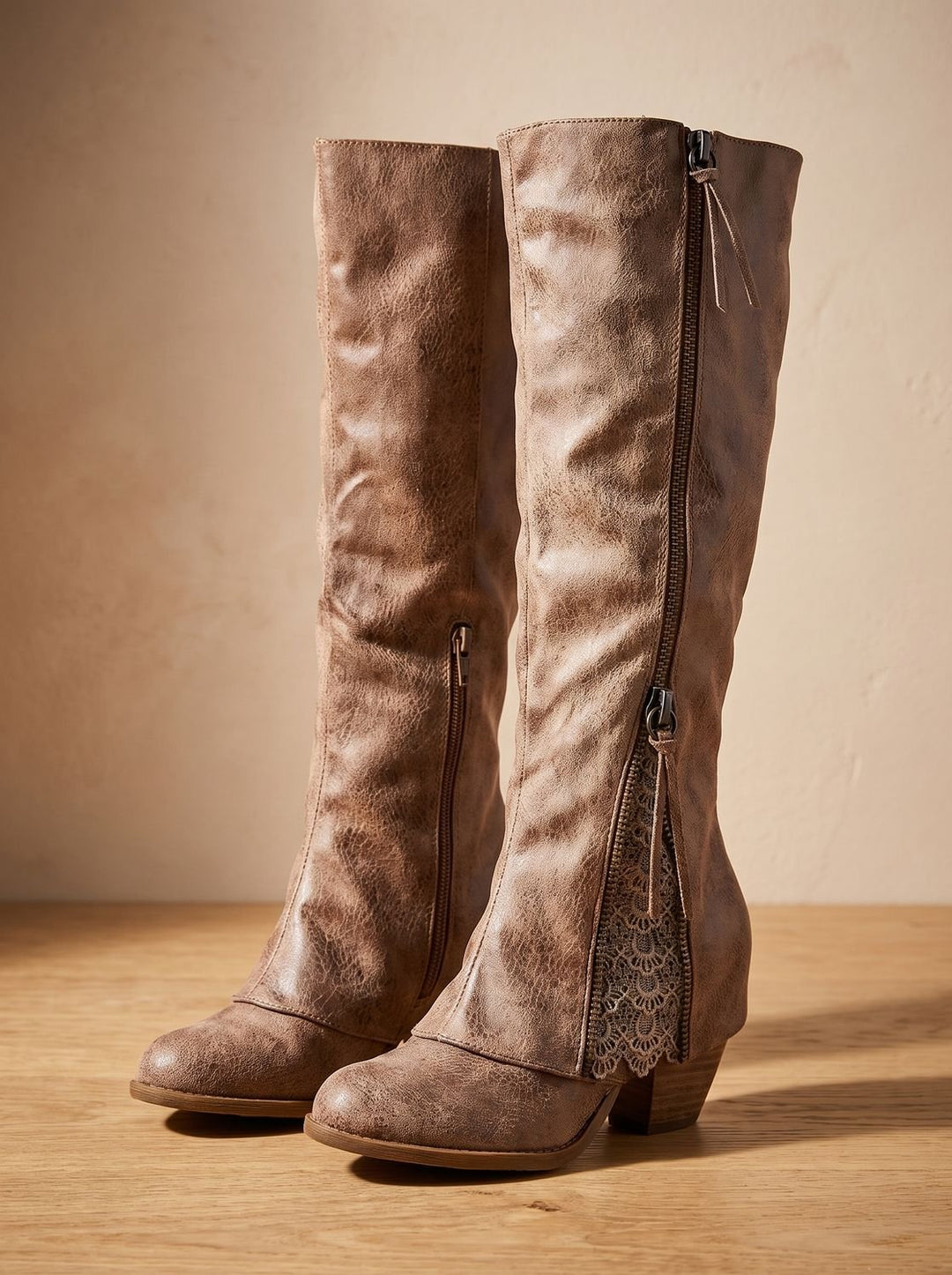 Women's Knee High Boots Block Chunky Heel Side-Zip Lace Detail - Brown