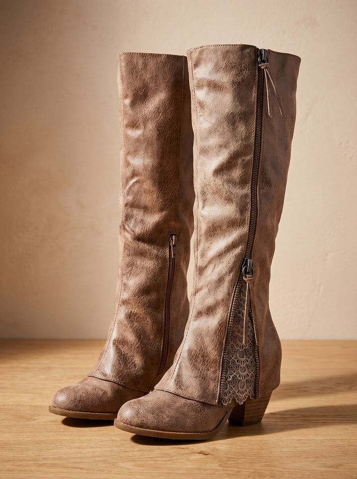 Women's Knee High Boots Block Chunky Heel Side-Zip Lace Detail - Brown