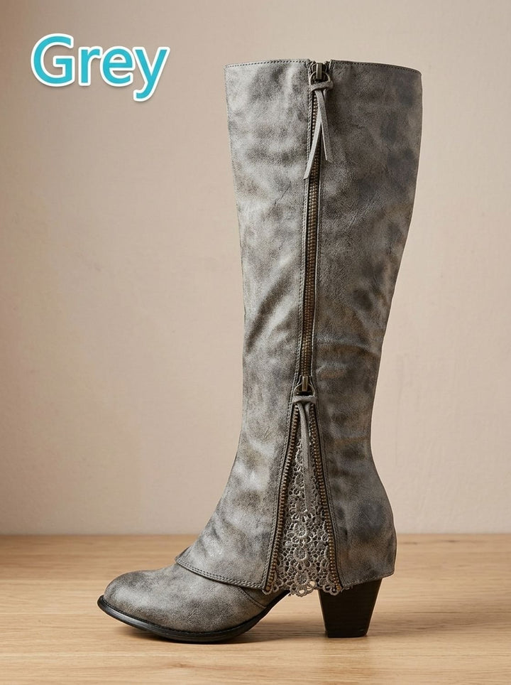 Women's Knee High Boots Block Chunky Heel Side-Zip Lace Detail - Grey