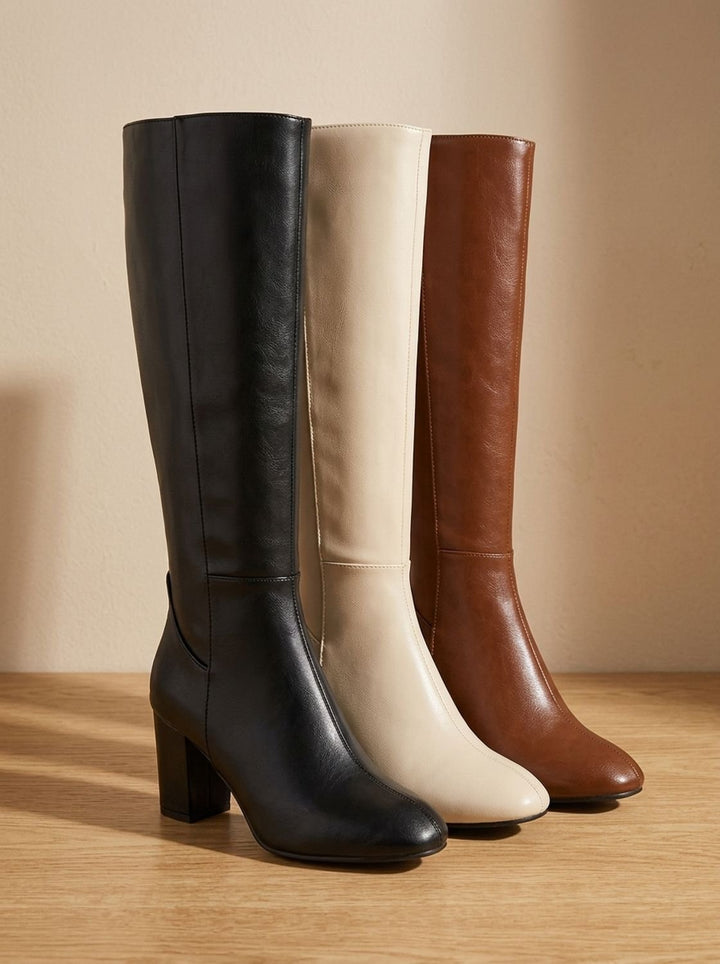 Women's Knee High Boots Block-Heel Side-Zip Faux Leather