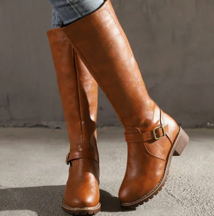 Women's Knee-High Buckle-Strap Block-Heel Leather Boots - Brown
