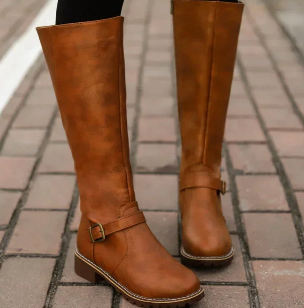 Women's Knee-High Buckle-Strap Block-Heel Leather Boots