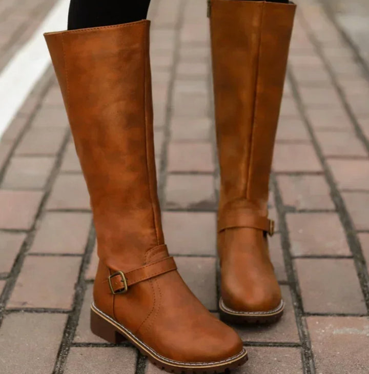 Women's Knee-High Buckle-Strap Block-Heel Leather Boots