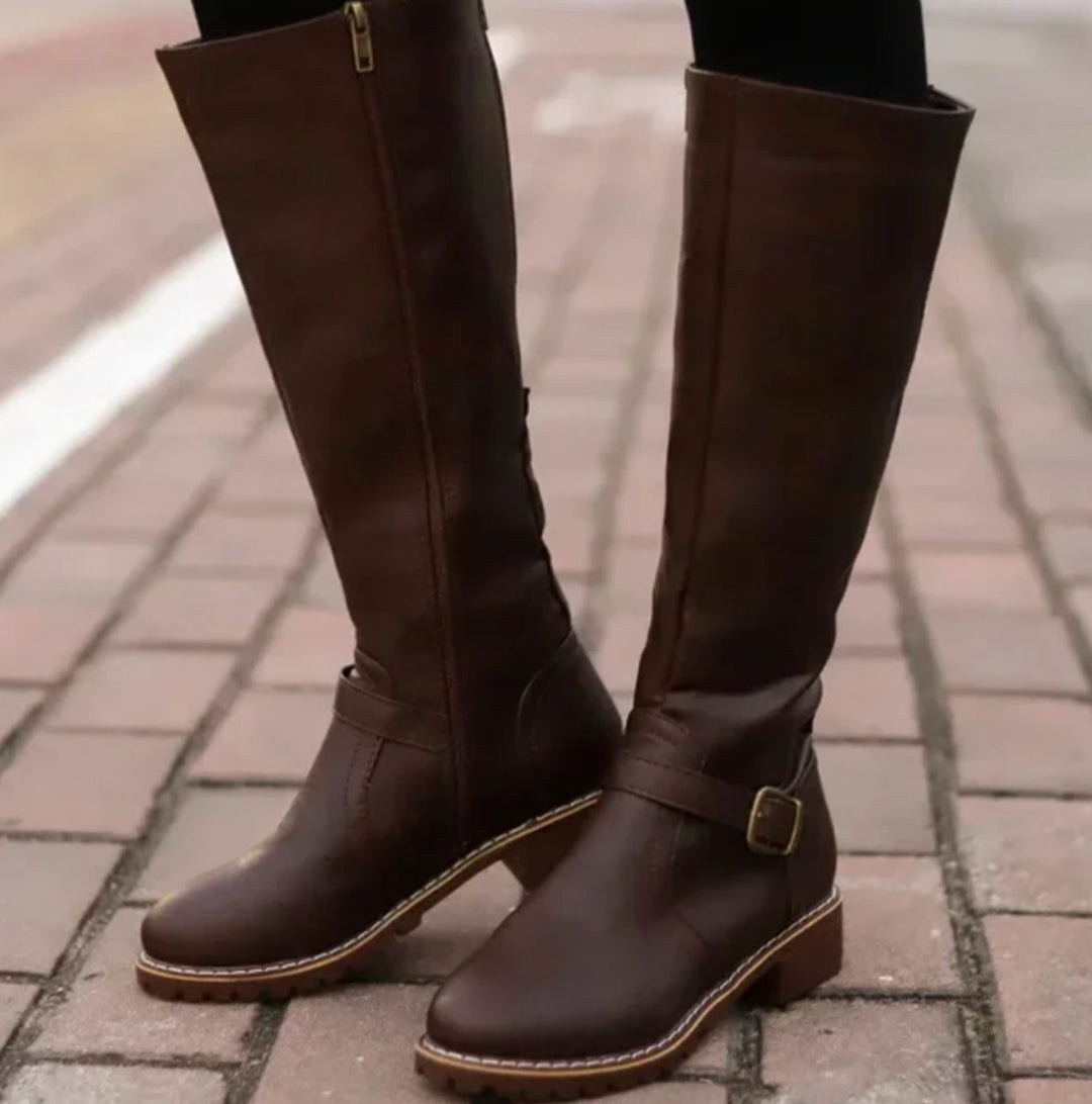 Women's Knee-High Buckle-Strap Block-Heel Leather Boots