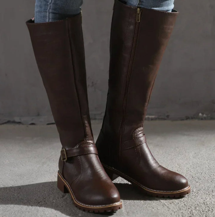 Women's Knee-High Buckle-Strap Block-Heel Leather Boots - Dark Brown