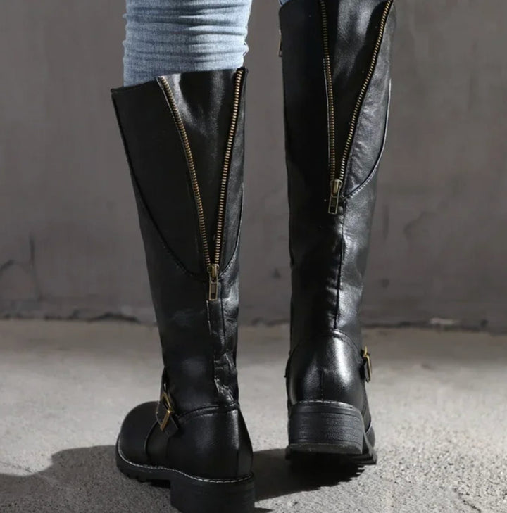 Women's Knee-High Buckle-Strap Block-Heel Leather Boots - Black