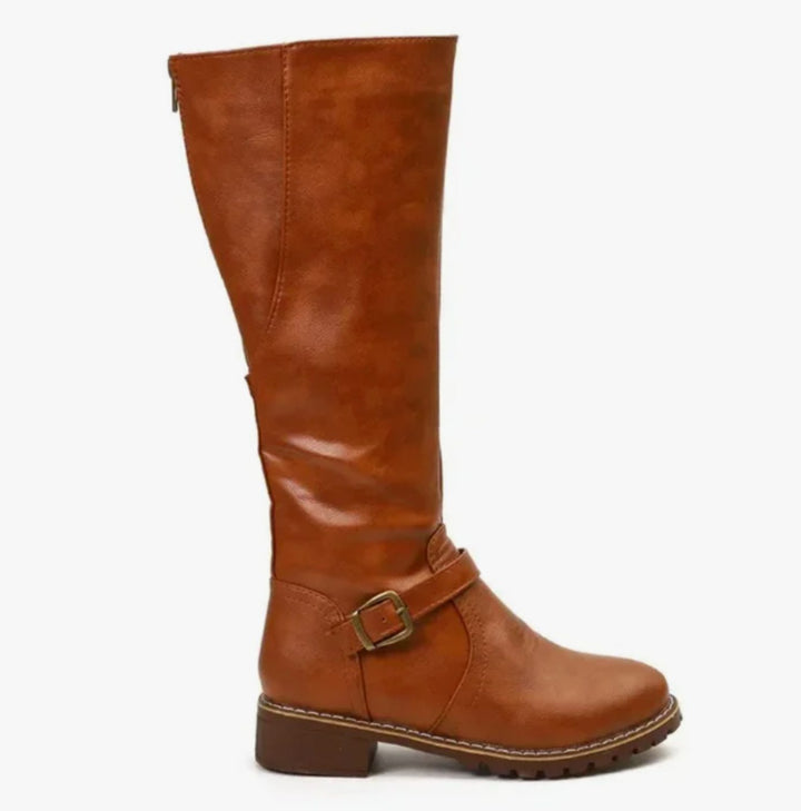 Women's Knee-High Buckle-Strap Block-Heel Leather Boots