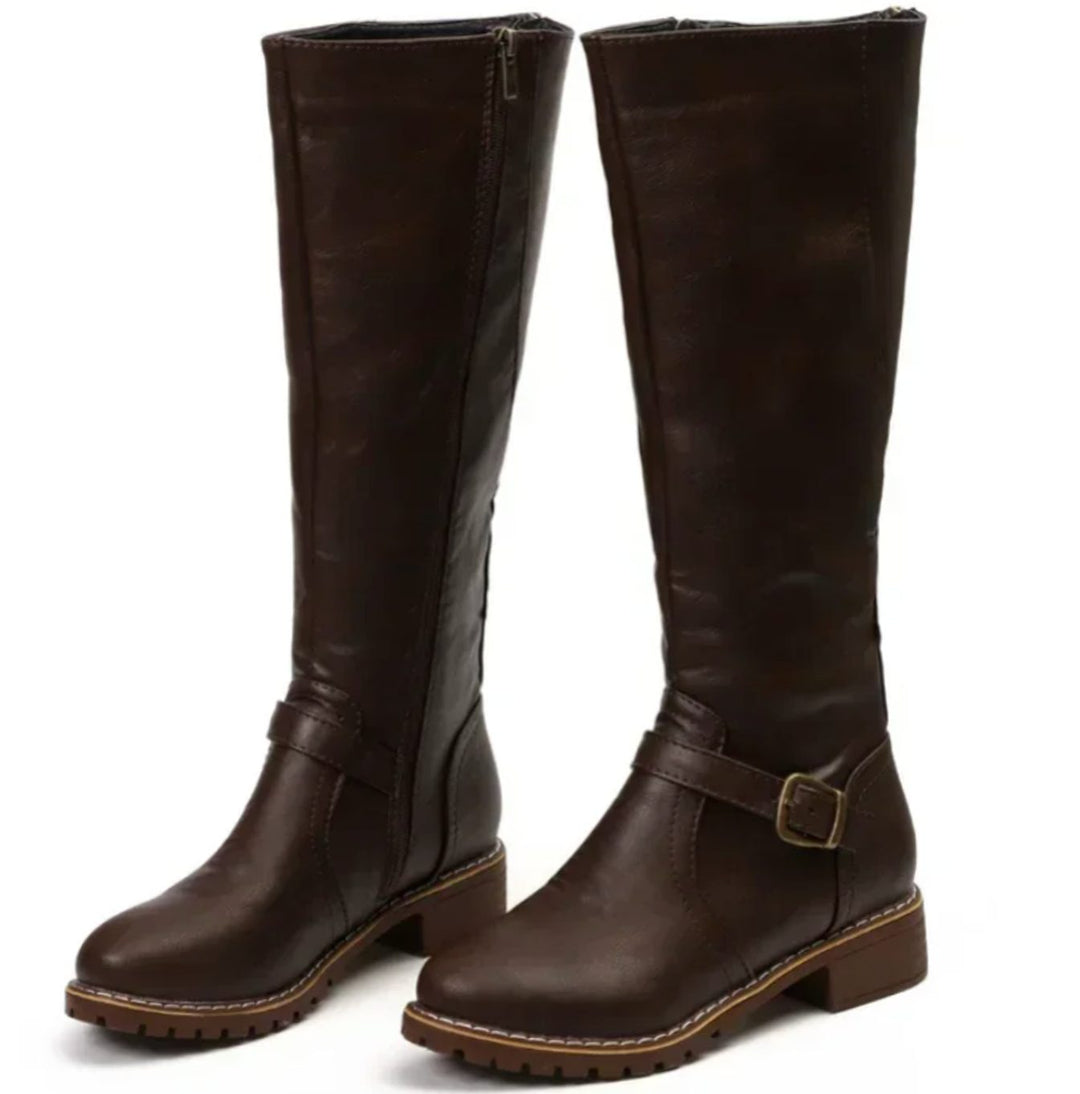 Women's Knee-High Buckle-Strap Block-Heel Leather Boots