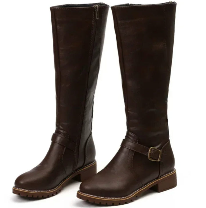 Women's Knee-High Buckle-Strap Block-Heel Leather Boots
