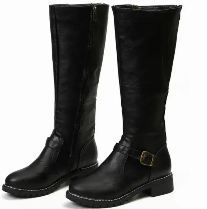 Women's Knee-High Buckle-Strap Block-Heel Leather Boots