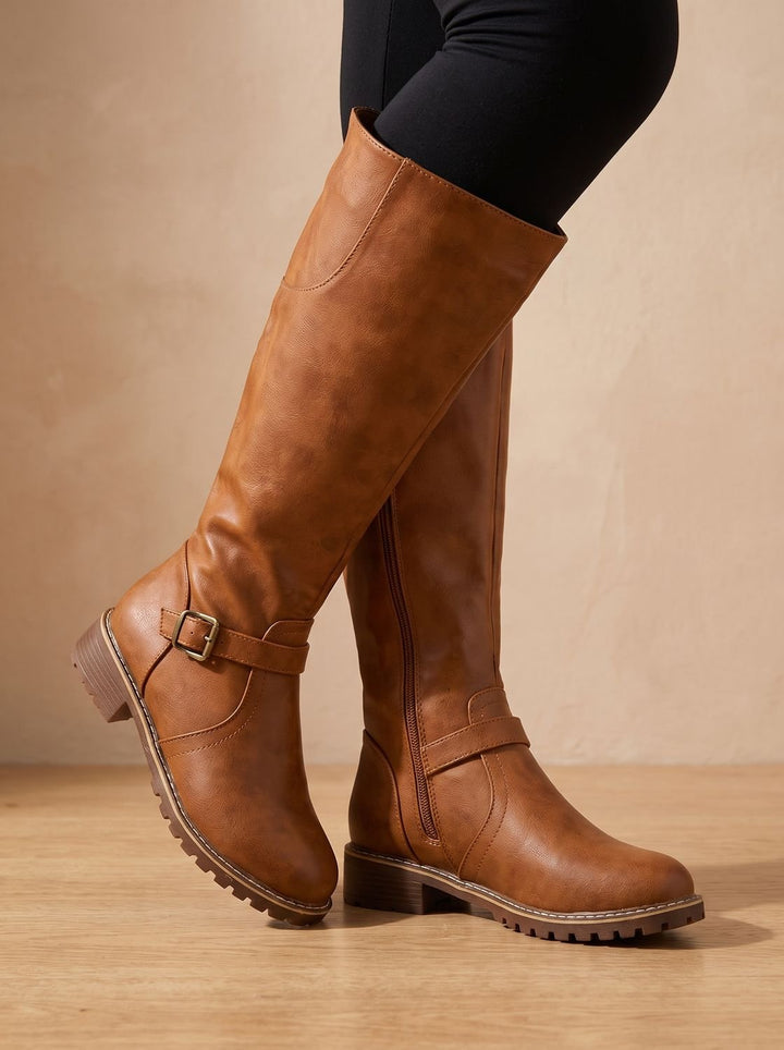 Women's Knee-High Buckle-Strap Block Heel Riding Boots