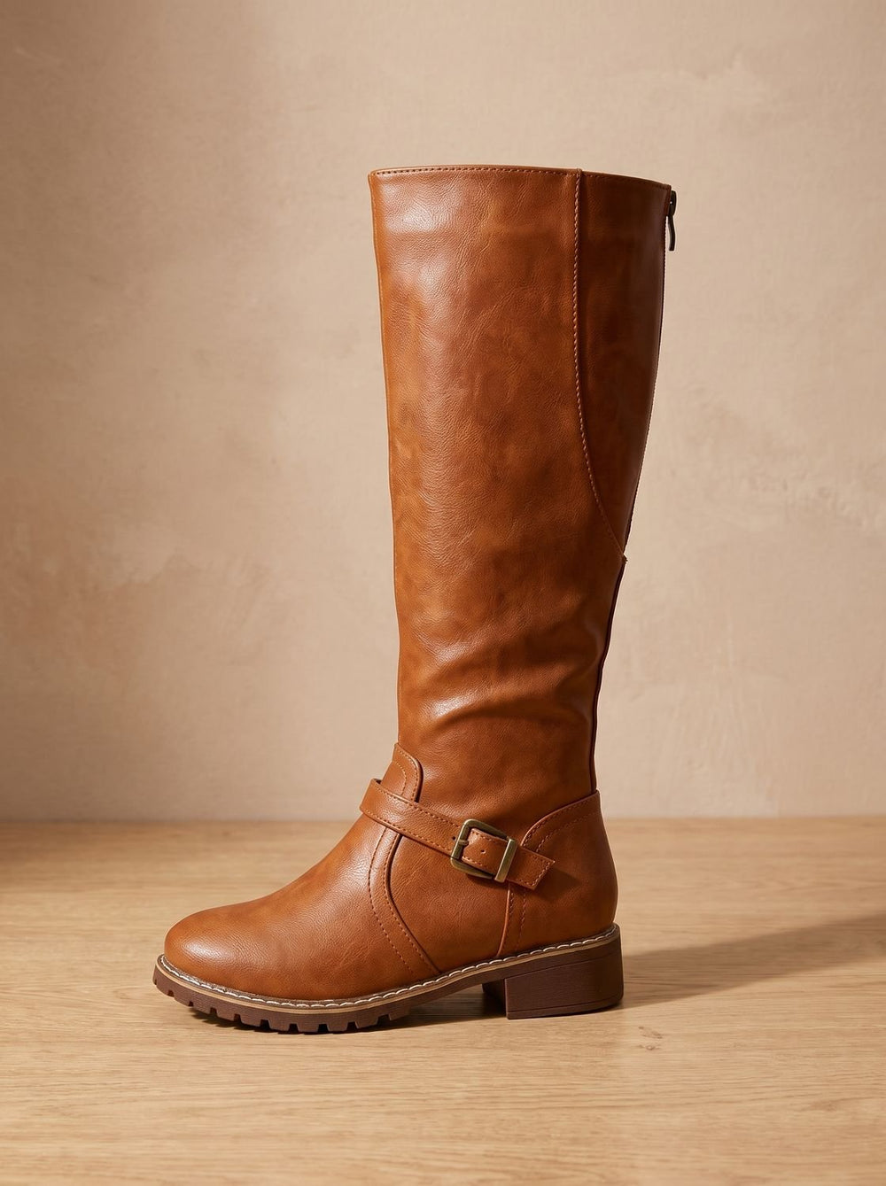Women's Knee-High Buckle-Strap Block Heel Riding Boots