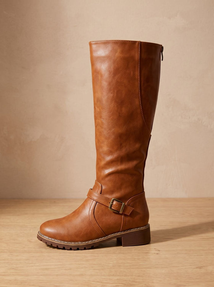 Women's Knee-High Buckle-Strap Block Heel Riding Boots