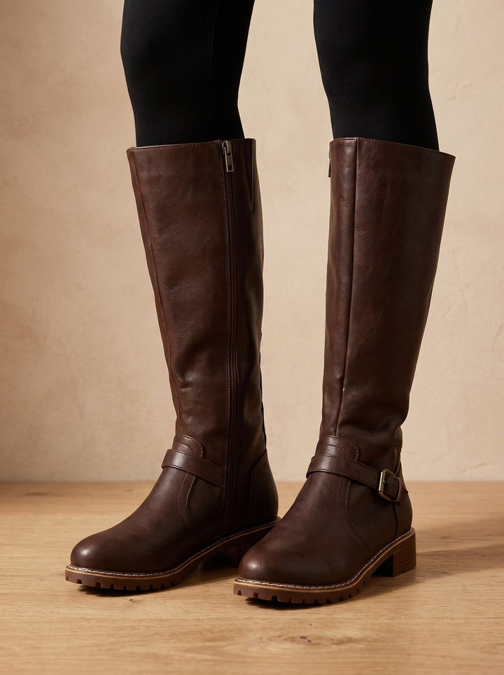 Women's Knee-High Buckle-Strap Block Heel Riding Boots