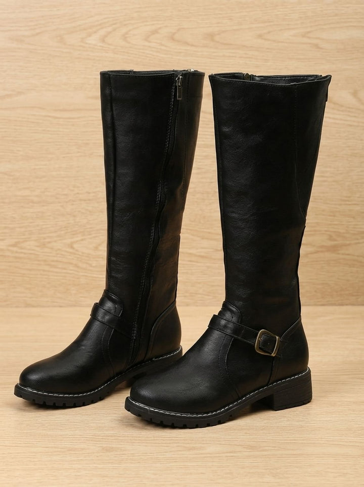 Women's Knee-High Buckle-Strap Block Heel Riding Boots