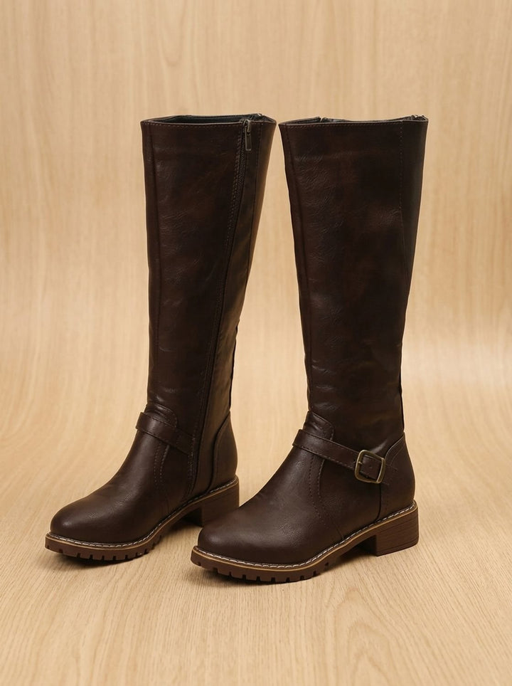 Women's Knee-High Buckle-Strap Block Heel Riding Boots
