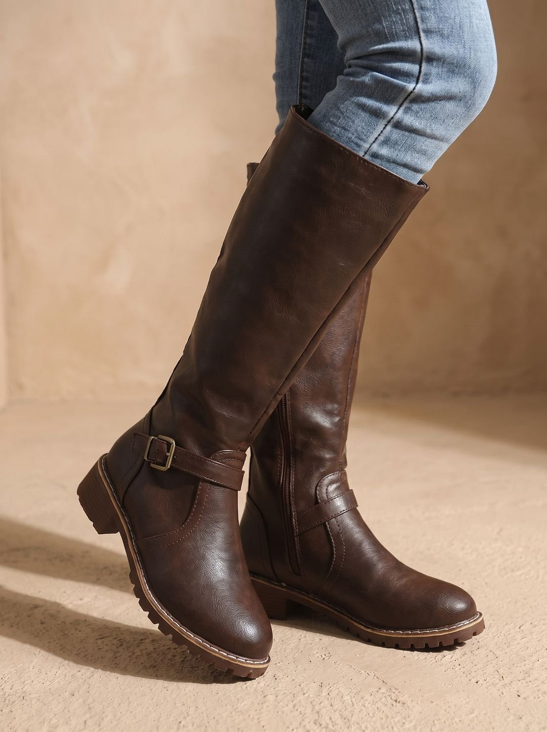 Women's Knee-High Buckle-Strap Block Heel Riding Boots - Dark Brown