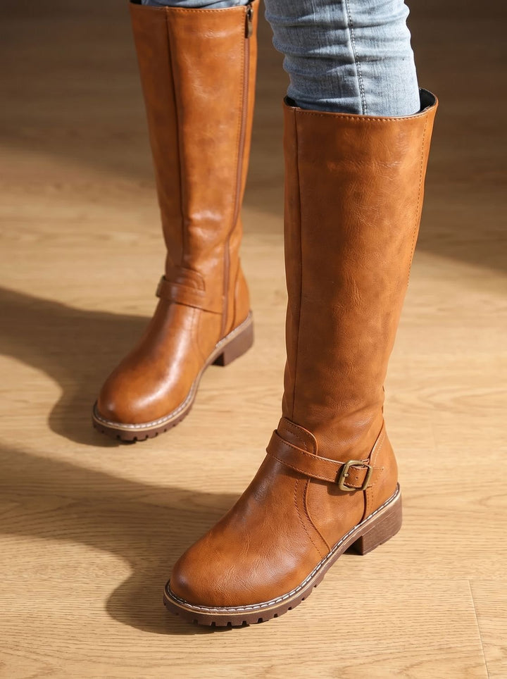 Women's Knee-High Buckle-Strap Block Heel Riding Boots - Brown
