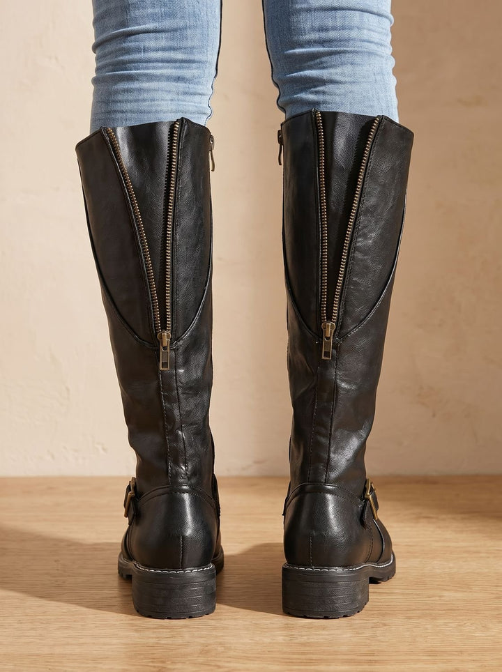 Women's Knee-High Buckle-Strap Block Heel Riding Boots - Black