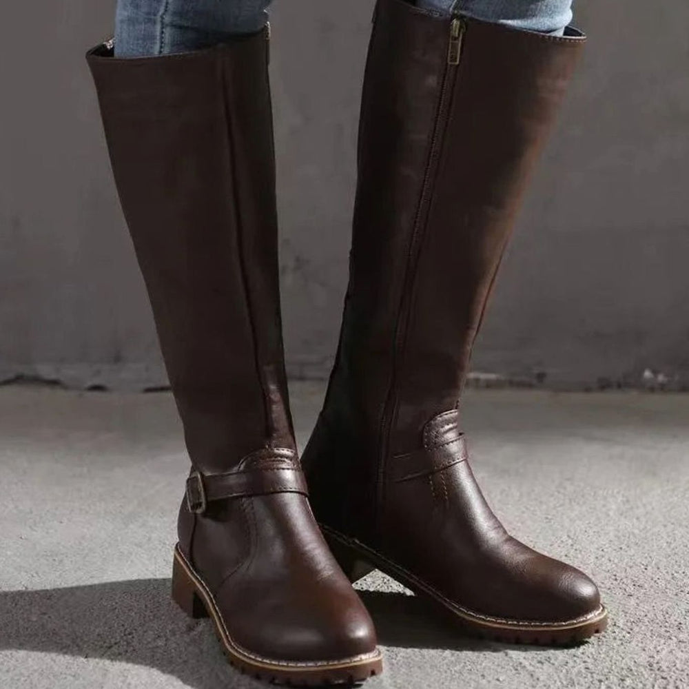 Women's Knee-High Buckle-Strap Orthopedic Leather Boots - Dark Brown