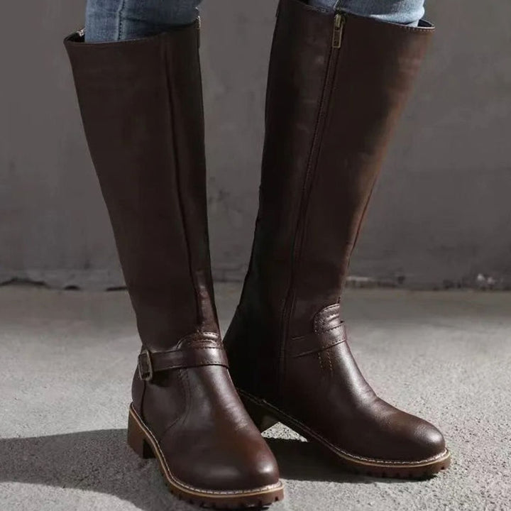 Women's Knee-High Buckle-Strap Orthopedic Leather Boots - Dark Brown