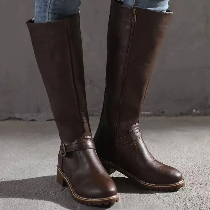 Women's Knee-High Buckle-Strap Orthopedic Leather Boots - Dark Brown